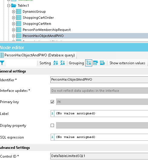 DynamicGroup ShoppingCaftOrder ShoppingCaftItem PersonForMembershipRequest PersonHasObject4ndPvV Node editor PersonHasObjectAndPWO (Database query) Shouu eRension values ieneral settings Interface updates Primary key Display properw SQL expression 'dyanced Settings Control ID w Grouping PersonHasObject4ndPvVO not reflect. data updates in the interface value assigned) value assigned) DataTabIeLimitedSQLI 